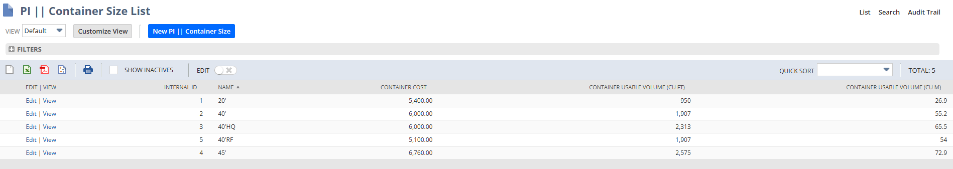 container sizes in netsuite for inbound shipping
