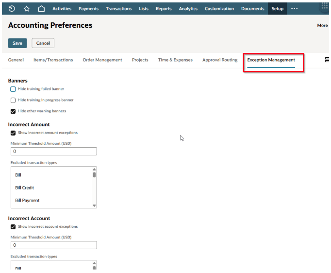 netsuite exception management preferences