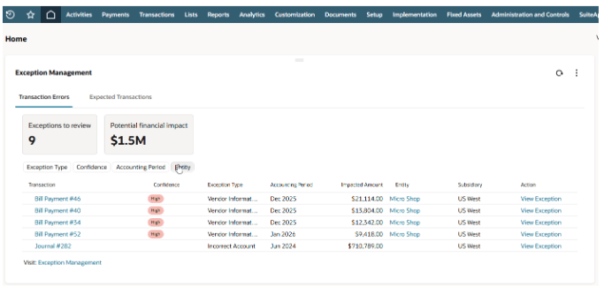 netsuite exception management dashboard