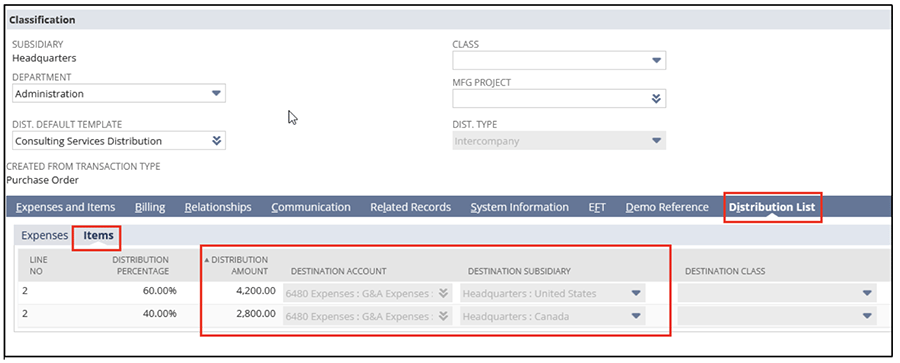 NetSuite distribution list transaction line distribution