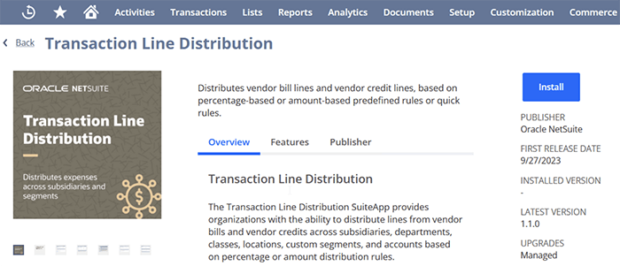 how to install the transaction line distribution suiteapp in netsuite