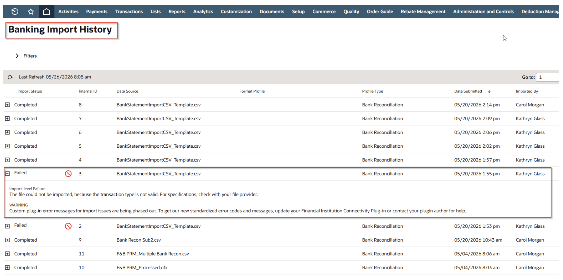 netsuite banking updates in 2026. 1 import history