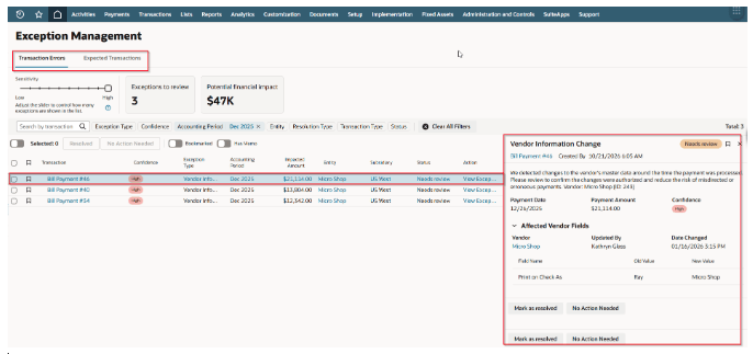 exceptions management page in netsuite