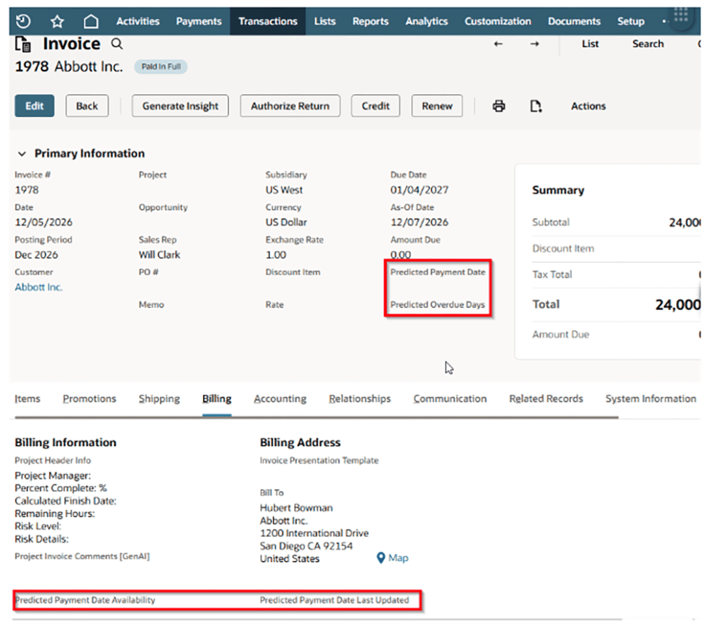 netsuite payment date prediction invoice example
