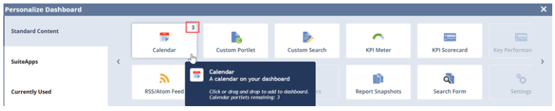 NetSuite Personalize Dashboard palette